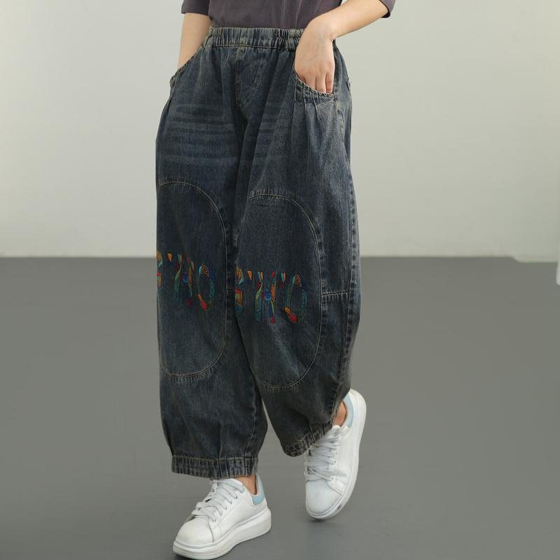 Plus Size Autumn Words Brodery Cotton Denim Bukser