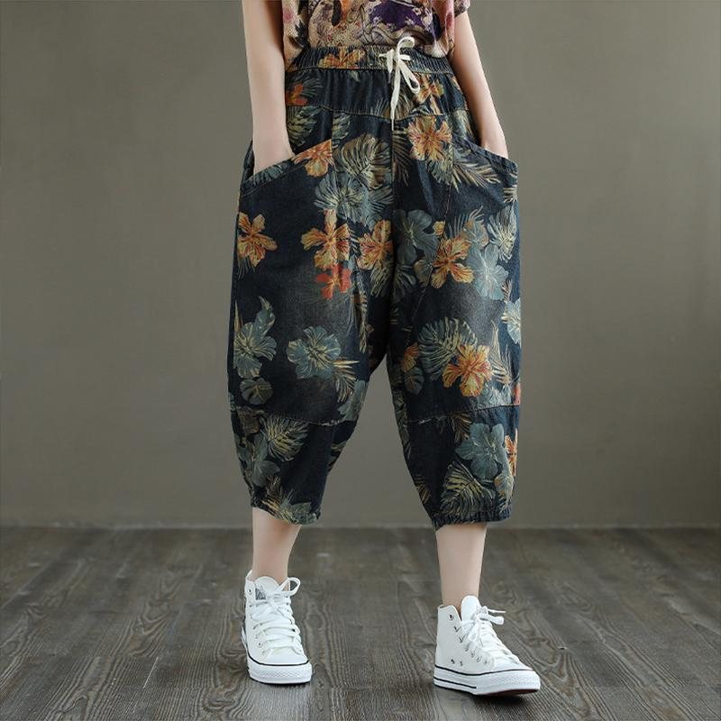 Plus Size Loose Retro Floral Printed Denimbukser