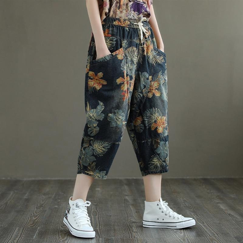 Plus Size Loose Retro Floral Printed Denimbukser