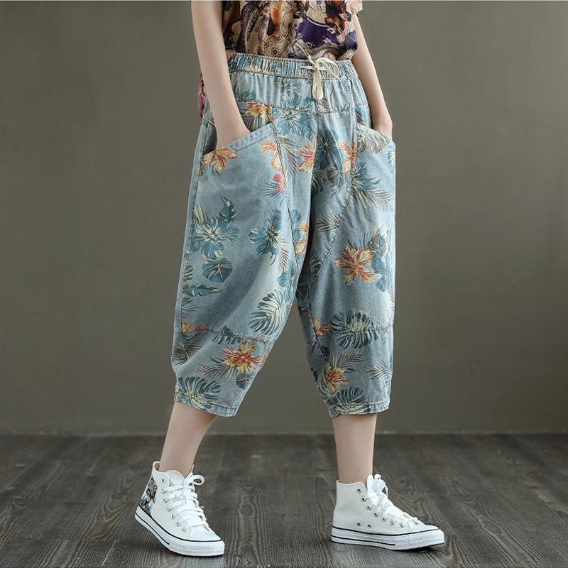 Plus Size Loose Retro Floral Printed Denimbukser