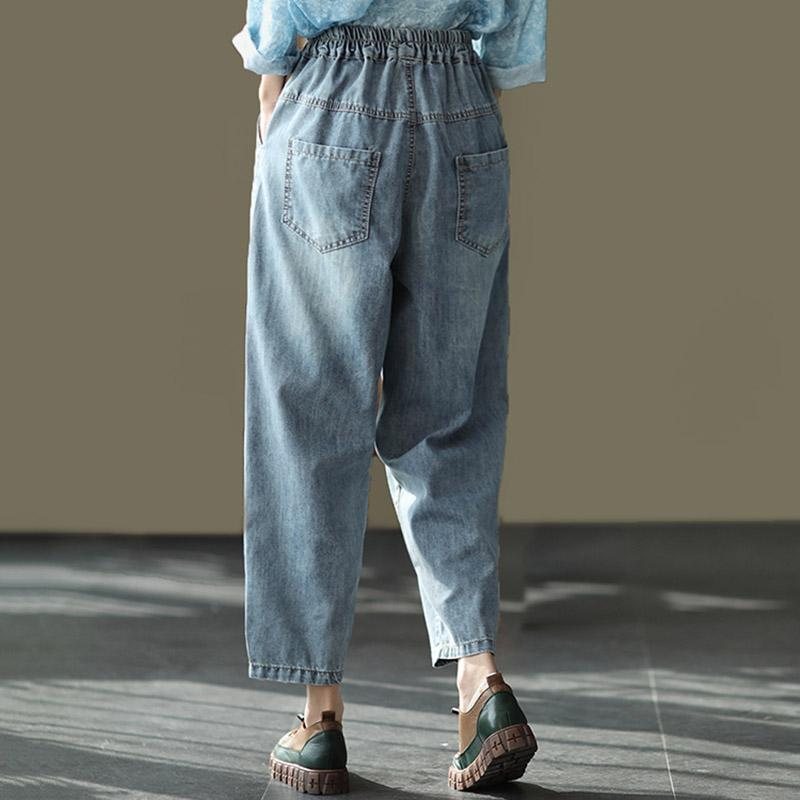 Retro Brodert Løse Harem Denimbukser