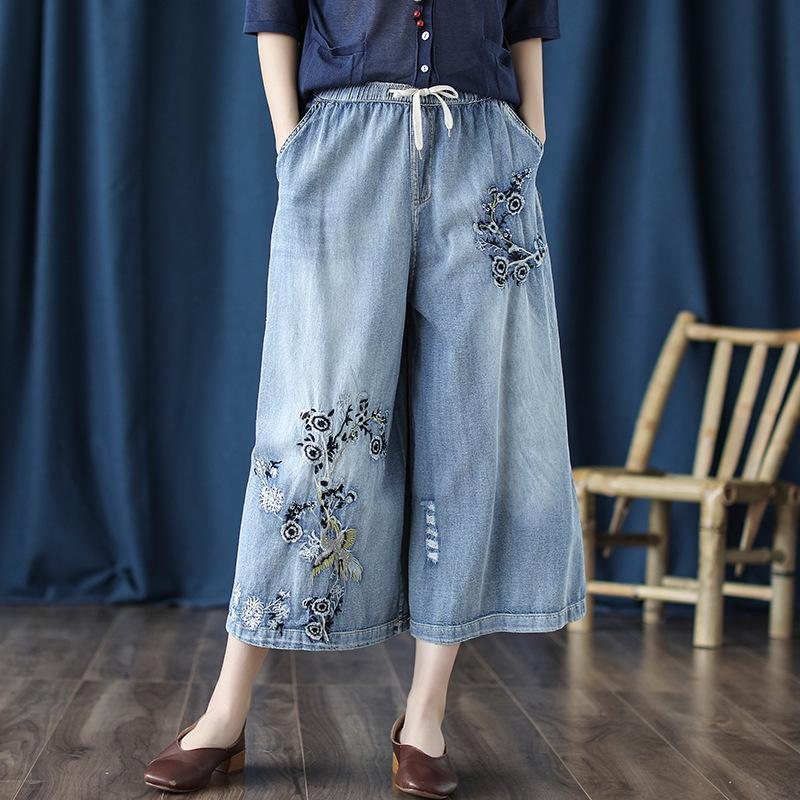 Retro Jeans Brodert Cropped Wide-leg Bukser