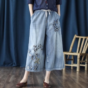 Retro Jeans Brodert Cropped Wide-leg Bukser