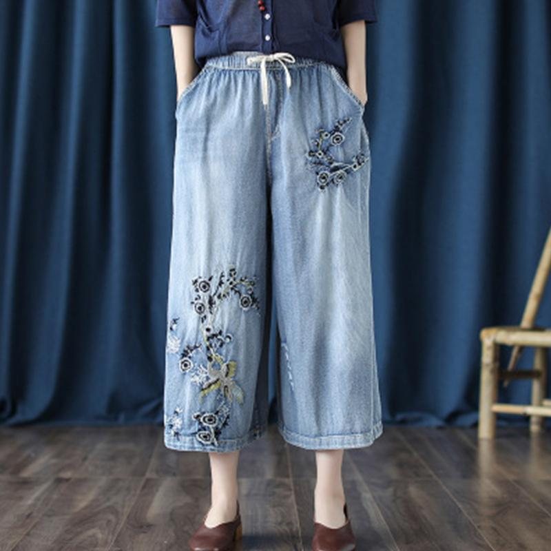 Retro Jeans Brodert Cropped Wide-leg Bukser