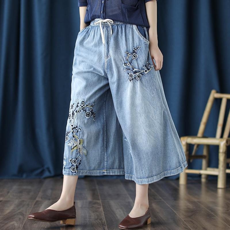 Retro Jeans Brodert Cropped Wide-leg Bukser