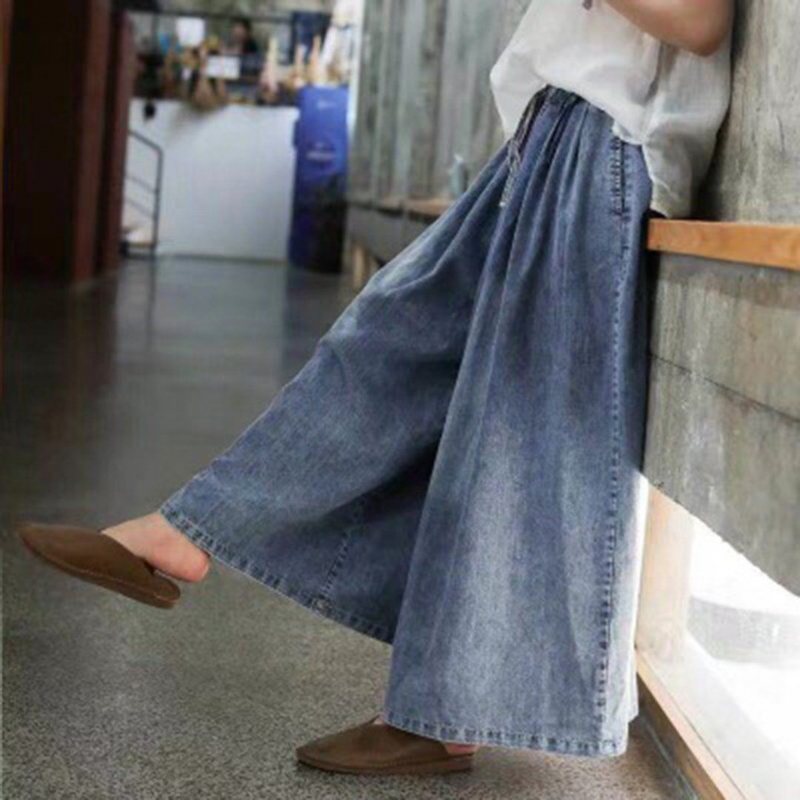 Solid Loose Fit Wide-leg Jeans