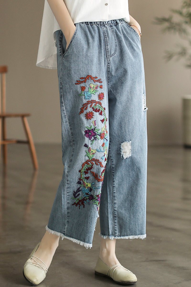 Summer Retro Floral Brodery Cotton Jeans Med Vidde Ben