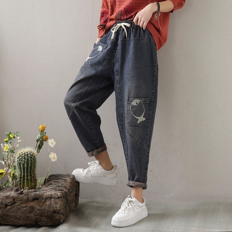 Vår Dame Fisk Broderi Patchwork Jeans