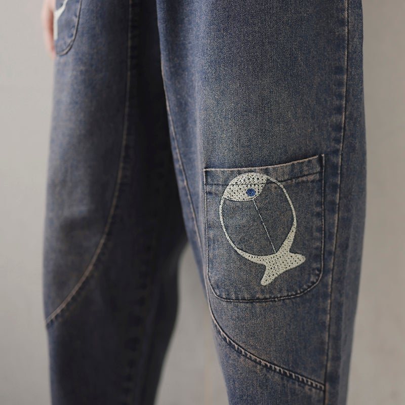 Vår Dame Fisk Broderi Patchwork Jeans