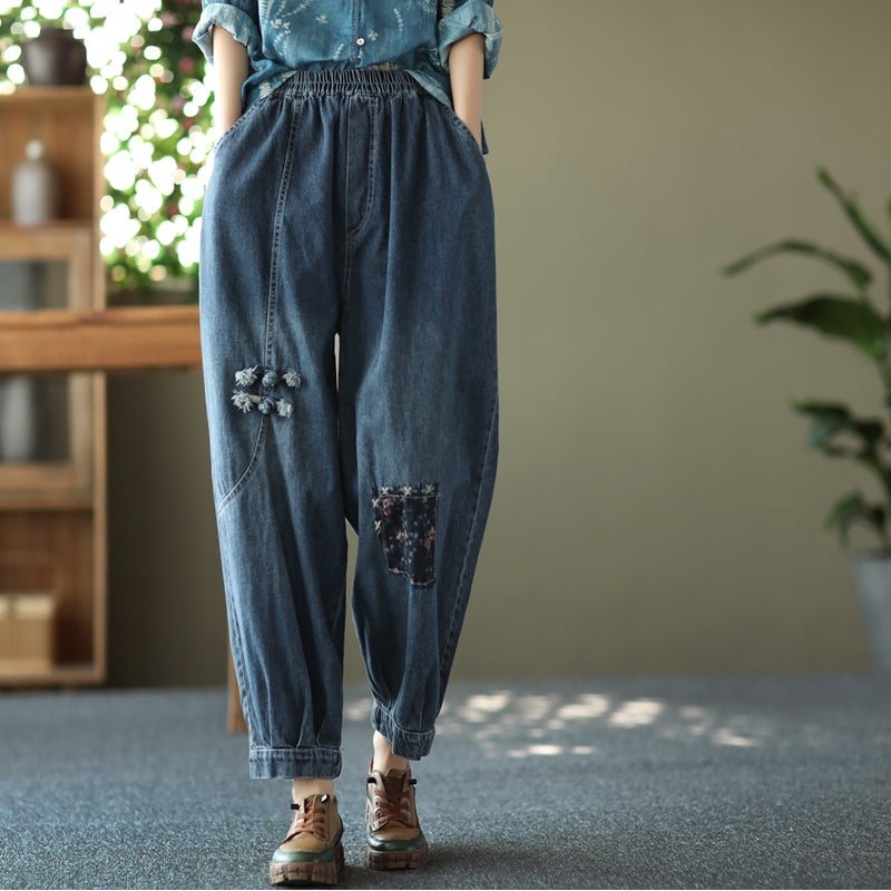 Vår Kvinner Retro Broderi Løse Bomullsjeans