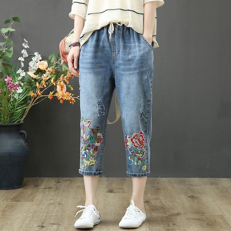 Vår Sommer Broderi Retro Løse Jeans