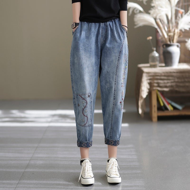 Våren Casual Løs Retro Spleising Broderi Harem Jeans