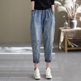 Våren Casual Løs Retro Spleising Broderi Harem Jeans