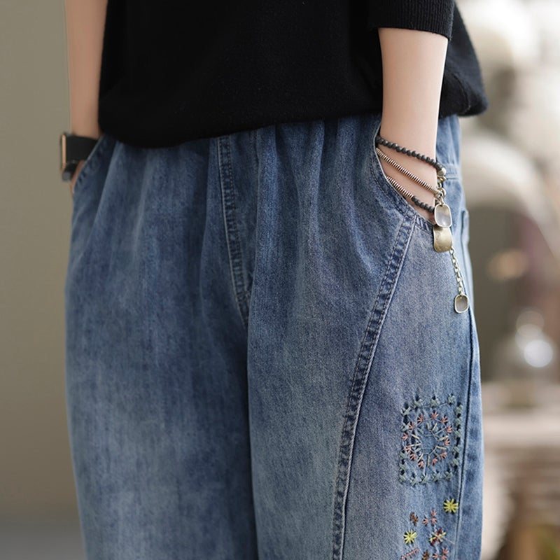 Våren Casual Løs Retro Spleising Broderi Harem Jeans