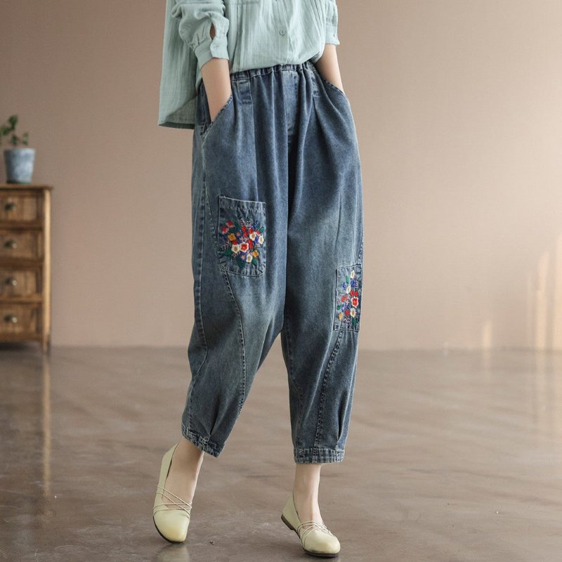 Våren Retro Blomsterbroderi Harem Jeans