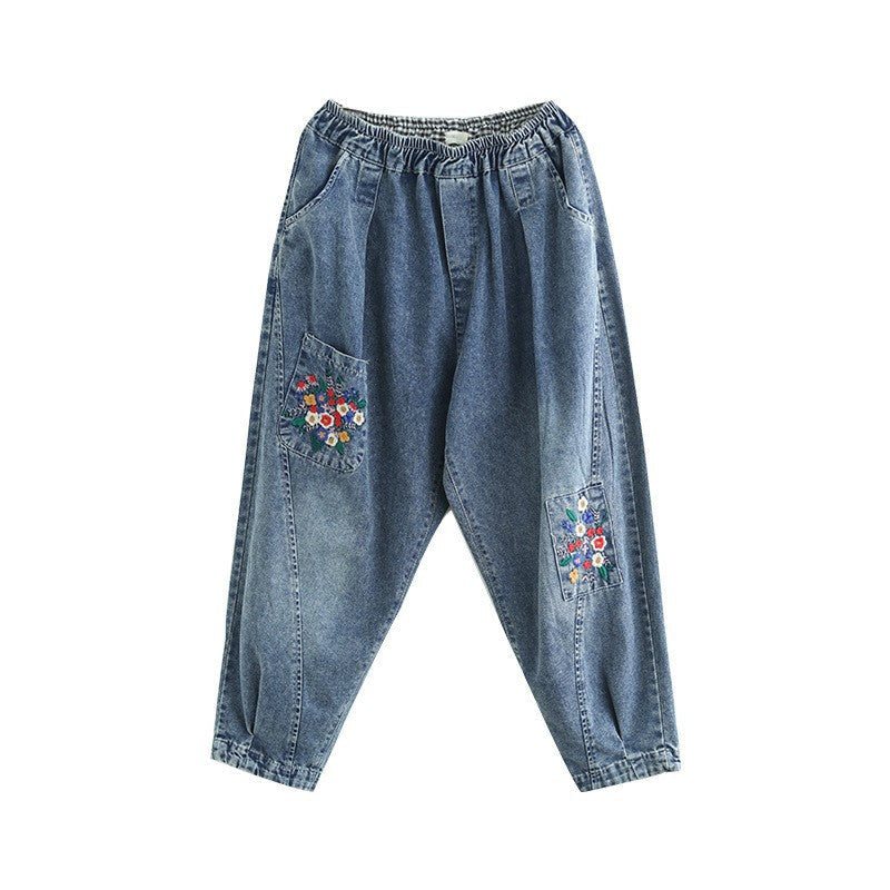 Våren Retro Blomsterbroderi Harem Jeans