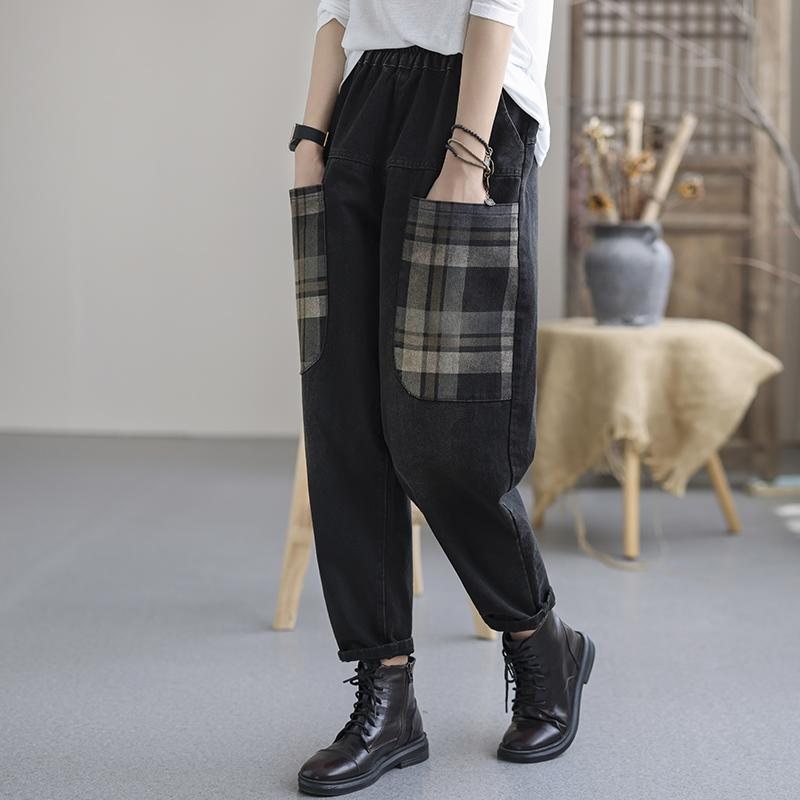 Vintage Autumn Plaid Lommer Casual Cotton Denim Bukser