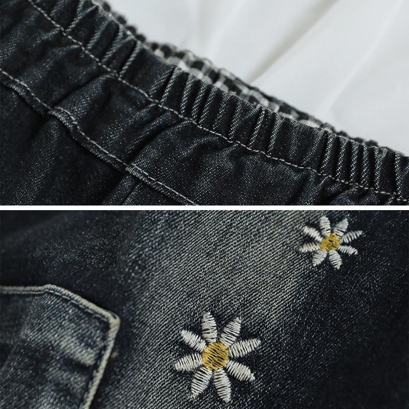 Vintage Blomsterbroderi Løs Denimbukser I Bomull