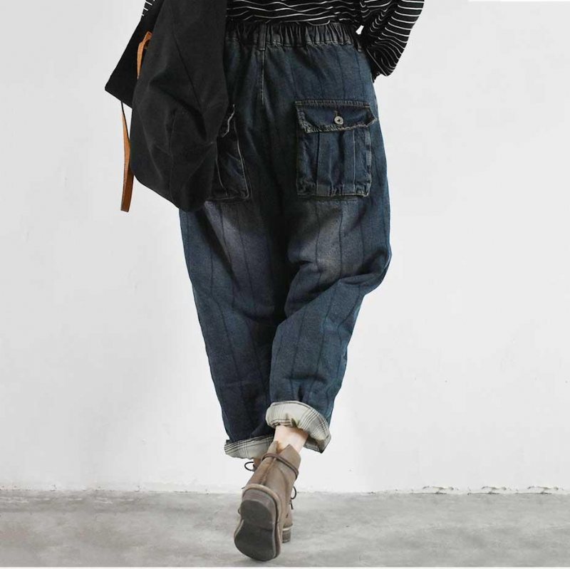 Vinter Oversized Bomull Elastiske Midje Plysj Jeans