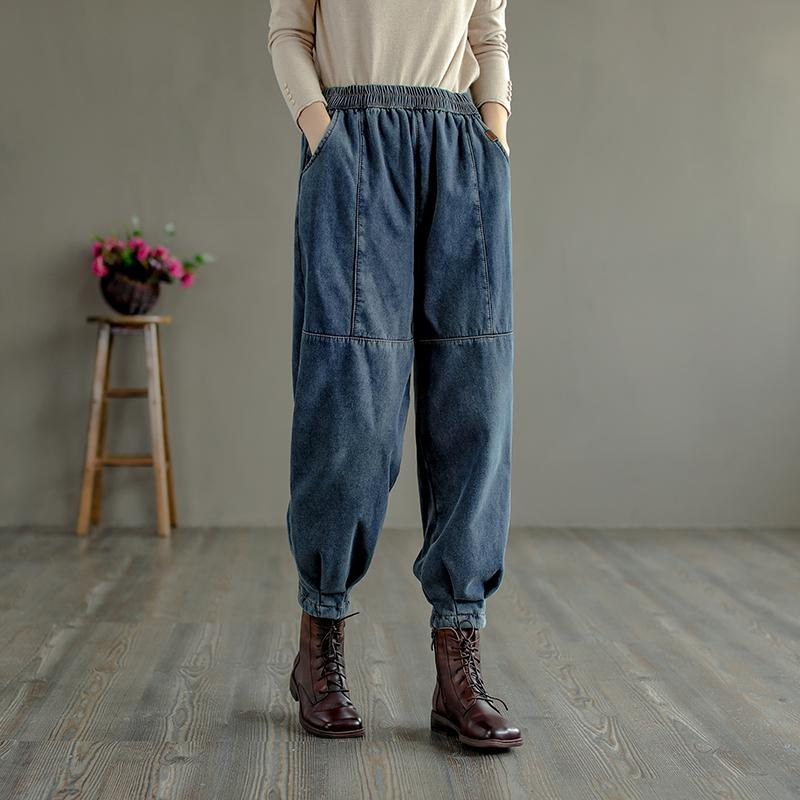 Vinter Retro Pels Tykk Casual Harem Jeans I Bomull