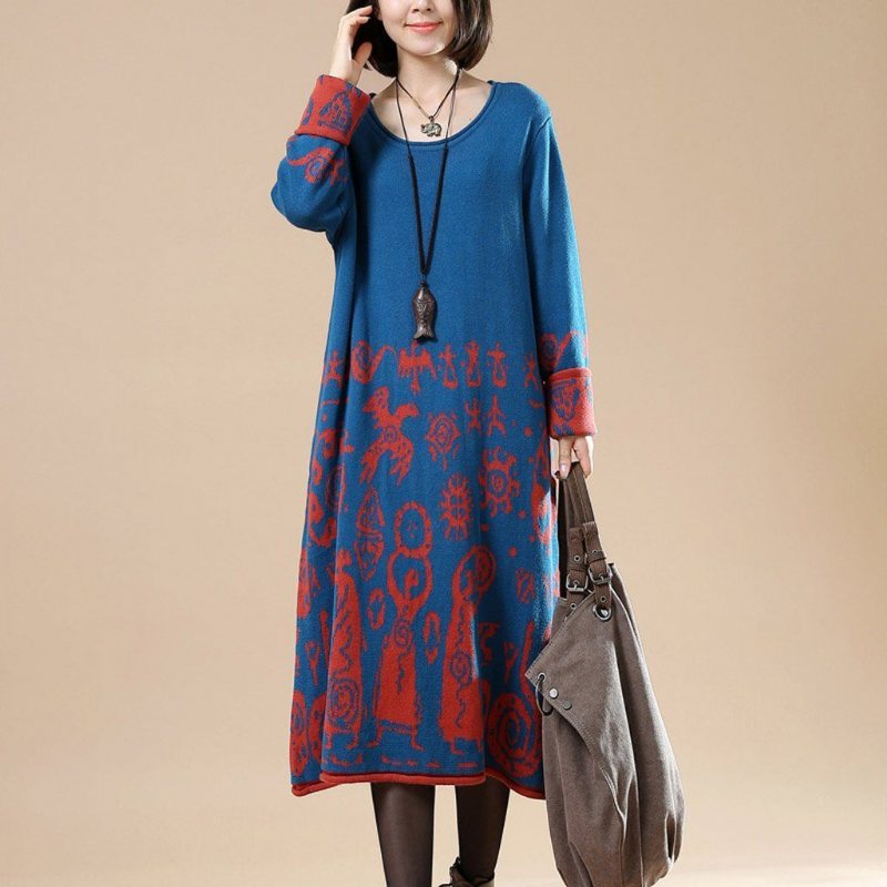 Autumn Large Size Langermet Retro Print Vintage Sweater Dress