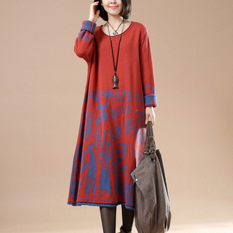 Autumn Large Size Langermet Retro Print Vintage Sweater Dress