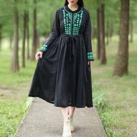 Autumn Retro Brodery Patchwork A-line Midi Dress