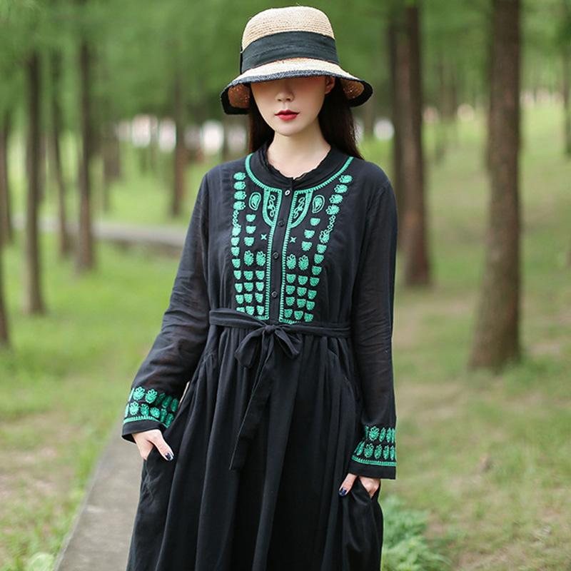 Autumn Retro Brodery Patchwork A-line Midi Dress