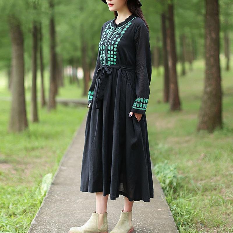 Autumn Retro Brodery Patchwork A-line Midi Dress