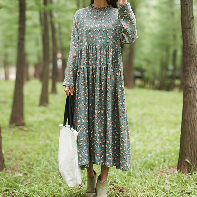 Autumn Retro Ruffle A-line Floralloose Dress