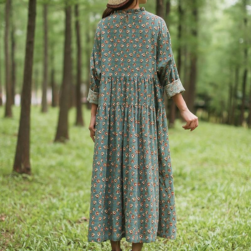 Autumn Retro Ruffle A-line Floralloose Dress