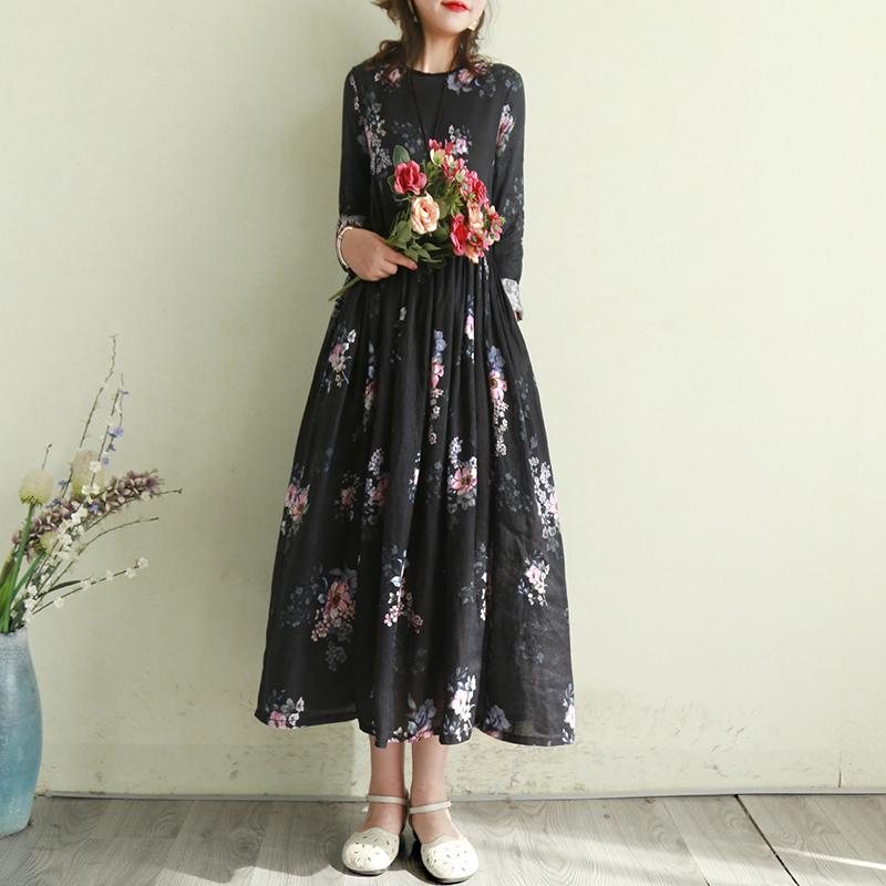 Bomull Lin Retro Print Blomster Langermet Kjole