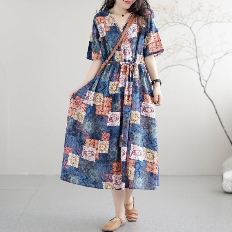 Casual Løs Retro Patchwork Sommerkjole I Bomull