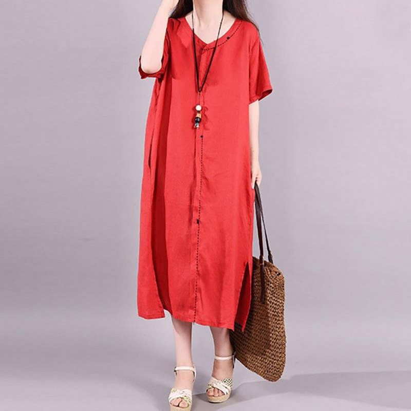 Casual Summer Shift Slit Linen Dress