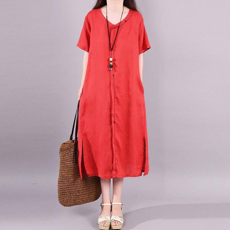 Casual Summer Shift Slit Linen Dress