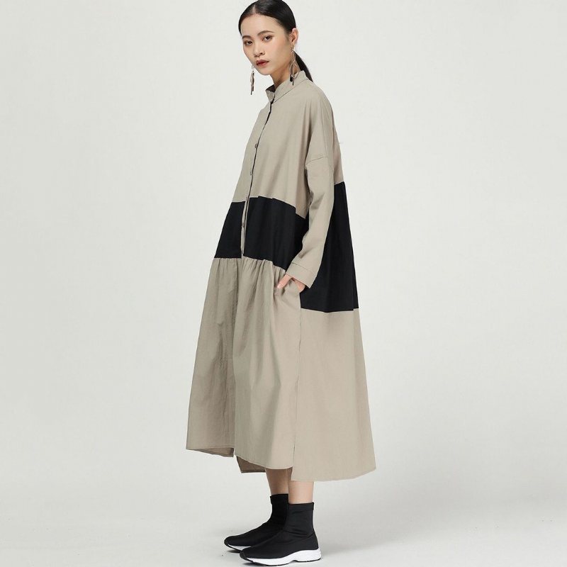 Color Block Paneled Gathered Stand Collar Long Sleeve Dress