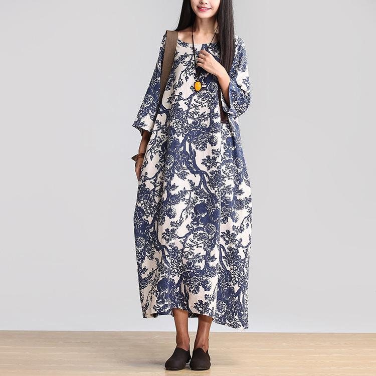 Dame Bomull Lin Løs Casual Fitting Maxi Dress