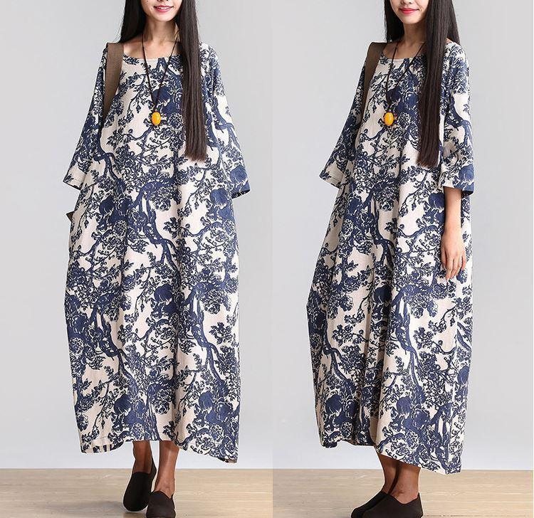 Dame Bomull Lin Løs Casual Fitting Maxi Dress