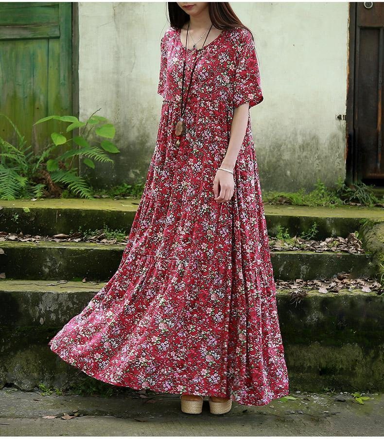 Dame Crew Neck Floral Button Front Maxi Kortermet Kjole