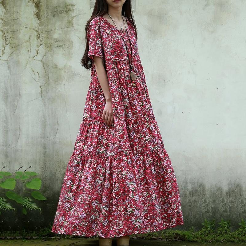 Dame Crew Neck Floral Button Front Maxi Kortermet Kjole