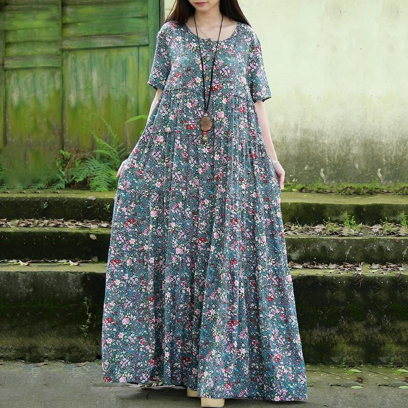 Dame Crew Neck Floral Button Front Maxi Kortermet Kjole