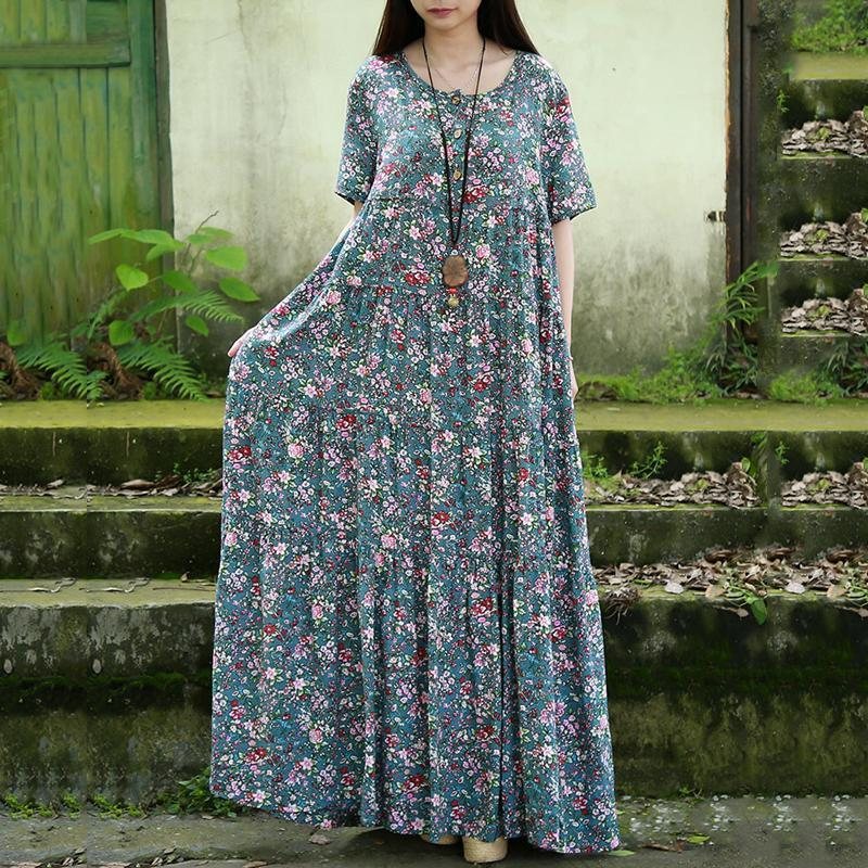 Dame Crew Neck Floral Button Front Maxi Kortermet Kjole