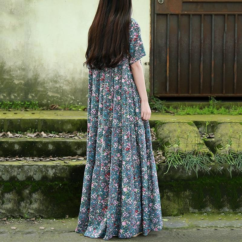 Dame Crew Neck Floral Button Front Maxi Kortermet Kjole