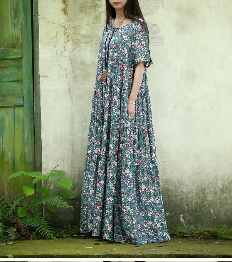 Dame Crew Neck Floral Button Front Maxi Kortermet Kjole