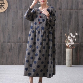 Dot Printed Polka Dots Bomulls Lin Langermet Kjole