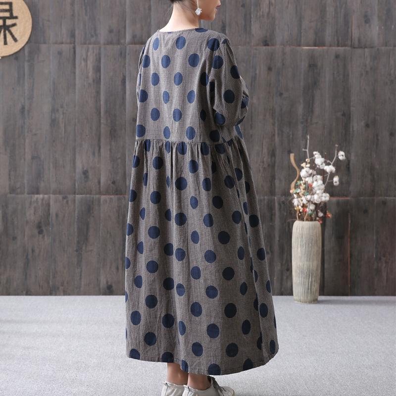 Dot Printed Polka Dots Bomulls Lin Langermet Kjole