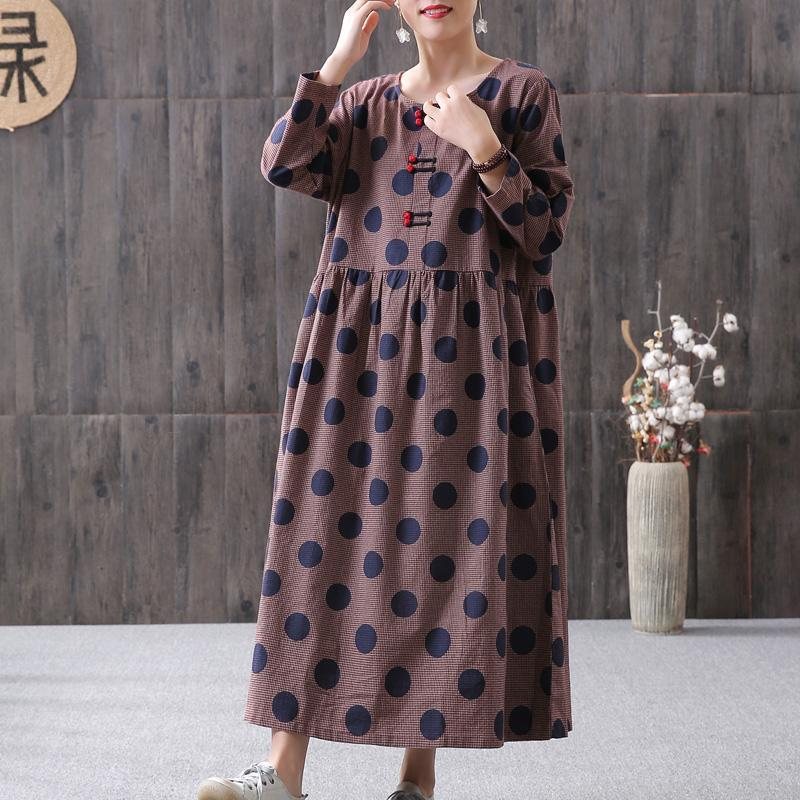 Dot Printed Polka Dots Bomulls Lin Langermet Kjole