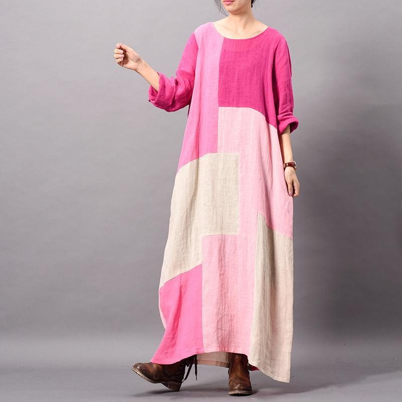 Fashion Paneled Color Block Løs Lin Maxi Dress