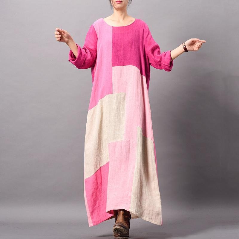 Fashion Paneled Color Block Løs Lin Maxi Dress