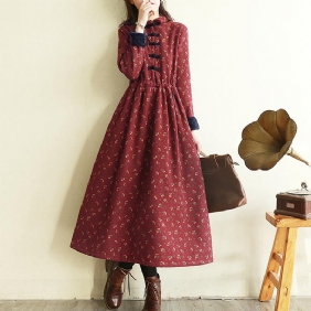 Høst Vinter Retro Floral Plush Thicken Dress